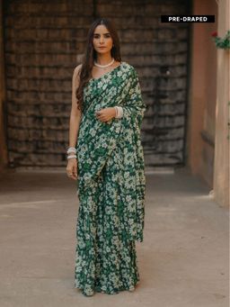 Baaro Masi - Dark Green Modal Printed Draped Saree with Stitched Blouse