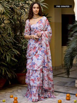 Baaro Masi - White Periwinkle Floral Waterfall Style Pre Draped Saree with Stitched Blouse