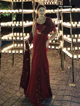 B'Infinite - Vermilion Veil Pre Draped Saree with Stitched Blouse
