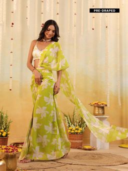 B'Infinite - Green Lime Tropical Embellished Draped Saree with Stitched Blouse