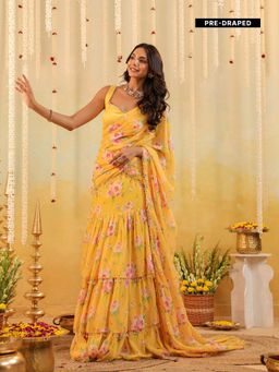 B'Infinite - Yellow Sunlit Garden Embellished Draped Saree with Stitched Blouse