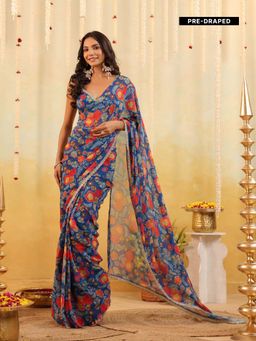 B'Infinite - Blue Carnival Bloom Draped Saree with Stitched Blouse