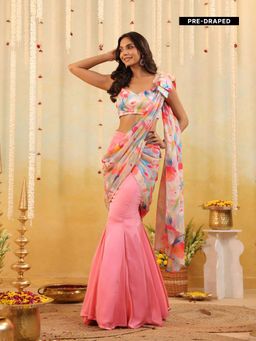 B'Infinite - Pink Pastel Tulip Embellished Draped Saree with Stitched Blouse