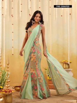 B'Infinite - Green Pop Mirage Embellished Draped Saree with Stitched Blouse