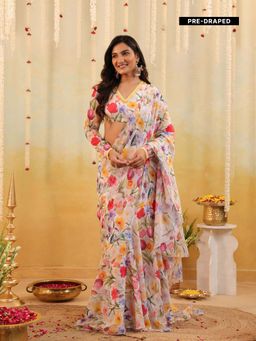 B'Infinite - White Garden Tulipe Embellished Draped Saree with Stitched Blouse