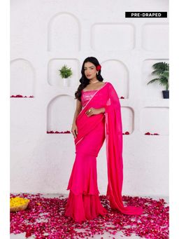 DEASHA INDIA - Gia French Rose Pink Ruffle Pre Draped Saree with Stitched Blouse