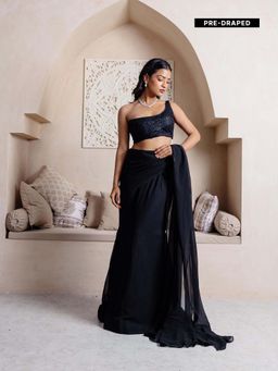 DEASHA INDIA - Sana Black One Shoulder Ready To Wear Saree with Stitched Blouse