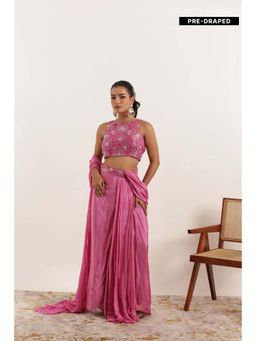 DEASHA INDIA - Nazah Pink Pure Silk Pre Draped Saree with Stitched Blouse