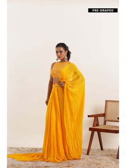 DEASHA INDIA - Niara Yellow Pure Silk Pre Draped Saree with Stitched Blouse