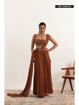 DEASHA INDIA - Aashvi Brown Pre Draped Saree with Stitched Blouse