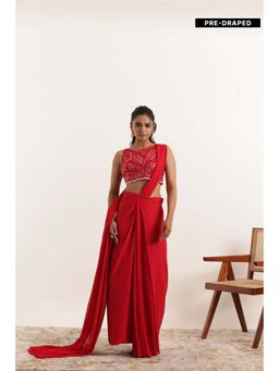 DEASHA INDIA - Aria Cherry Red Pre Draped Saree with Stitched Blouse