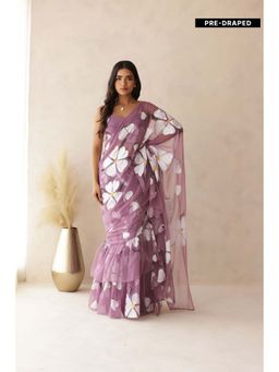 DEASHA INDIA - Kashni Mauve Ruffle Hand Painted Pre-Draped Saree with Stitched Blouse