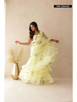 DEASHA INDIA - Eshanya Yellow Hand Painted Pre-Draped Saree with Stitched Blouse