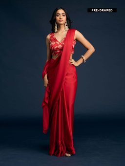 Gajra Gang - Red Ready to Wear Saree with Stitched Blouse Diwalicious (Set of 2)