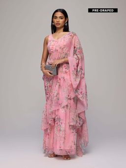 Gajra Gang - Pink Georgette Floral Printed Pre Draped Saree With Stitched Blouse Blushed Affair