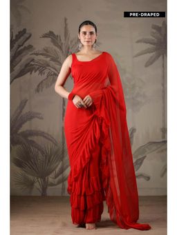Geroo Jaipur - Red Chiffon Pre-Stitched Saree with Unstitched Blouse