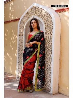 Geroo Jaipur - Red Black Shibori Bandhani Pre-Stitched Silk Saree with Unstitched Blouse