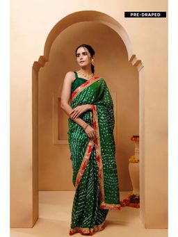 Geroo Jaipur - Green Bandhani Pre-Stitched Silk Saree with Unstitched Blouse