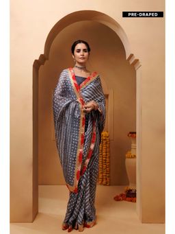 Geroo Jaipur - Grey Bandhani Pre-Stitched Silk Saree with Unstitched Blouse
