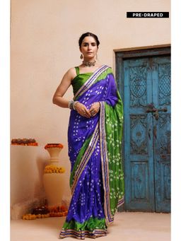 Geroo Jaipur - Blue Green Bandhani Pre-Stitched Silk Saree with Unstitched Blouse