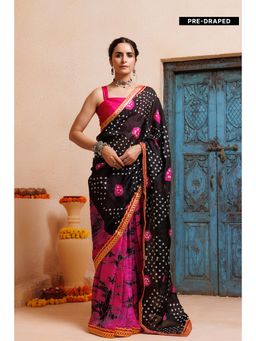 Geroo Jaipur - Pink Black Shibori Bandhani Pre-Stitched Silk Saree with Unstitched Blouse