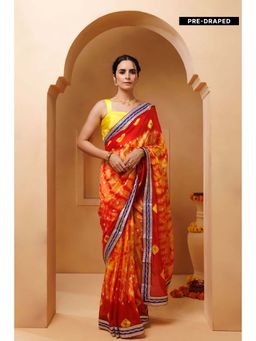 Geroo Jaipur - Red Yellow Shibori Bandhani Pre-Stitched Silk Saree with Unstitched Blouse