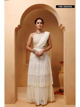 Geroo Jaipur - Off White Pre-Stitched Chiffon Saree with Stitched Blouse