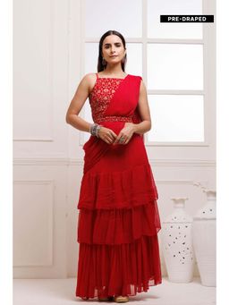 Geroo Jaipur - Red Pre-Stitched Chiffon Saree with Stitched Blouse