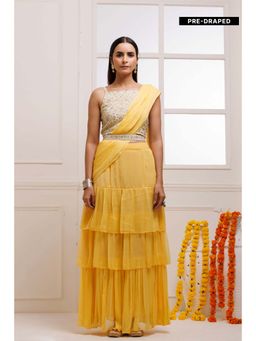 Geroo Jaipur - Yellow Pre-Stitched Chiffon Saree with Stitched Blouse