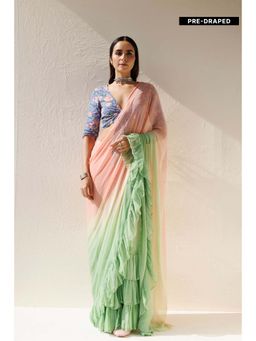 Geroo Jaipur - Green Peach Pleated Ombre Pre-Stitched Chiffon Saree with Unstitched Blouse