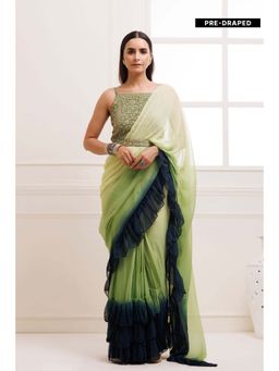 Geroo Jaipur - Green Pleated Ombre Pre-Stitched Chiffon Saree with Stitched Blouse