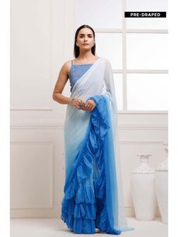 Geroo Jaipur - Blue Pleated Ombre Pre-Stitched Chiffon Saree with Stitched Blouse