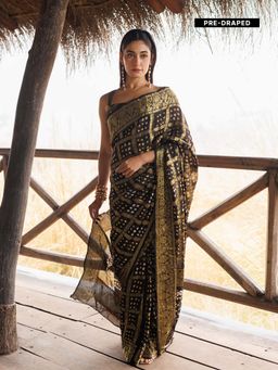 Geroo Jaipur - Black Hand Pre-Stitched Bandhani Saree