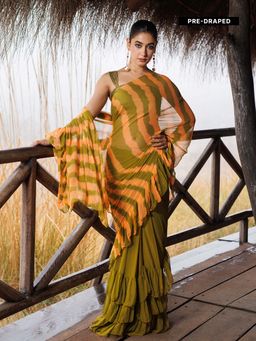 Geroo Jaipur - Green And Orange Pre-Stitched Chiffon Saree with Unstitched Blouse