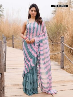 Geroo Jaipur - Blue And Pink Pre-Stitched Chiffon Saree with Unstitched Blouse