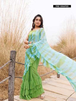 Geroo Jaipur - Turquoise And Blue Pre-Stitched Chiffon Saree with Unstitched Blouse