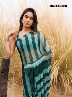Geroo Jaipur - Teal Pre-Stitched Chiffon Saree with Unstitched Blouse