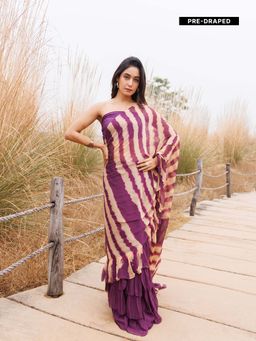 Geroo Jaipur - Purple And Beige Pre-Stitched Chiffon Saree with Unstitched Blouse