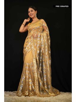 Isadora Life - Womens Sequined Beige Pre-Draped Saree With Unstitched Blouse