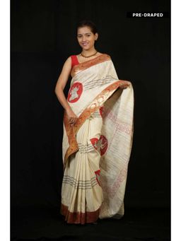 Isadora Life - Womens Printed Beige Pre-Draped Saree With Unstitched Blouse