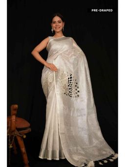 Isadora Life - Womens Embroidered Mirror Work White Pre-Draped Saree With Unstitched Blouse