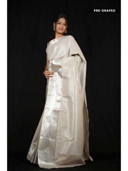 Isadora Life - Womens Woven Zari White Pre-Draped Saree With Unstitched Blouse