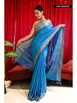 Isadora Life - Womens Woven Zari Blue Pre-Draped Saree With Unstitched Blouse