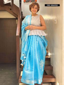 Isadora Life - Womens Embroidered Mirror Work Blue Pre-Draped Saree With Unstitched Blouse