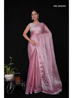 Isadora Life - Womens Sequined Lace Work Pink Pre-Draped Saree With Unstitched Blouse