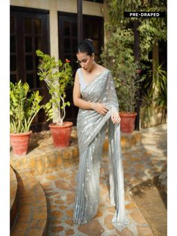 Isadora Life - Womens Embroidered Sequined Grey Pre-Draped Saree With Unstitched Blouse