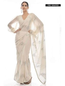 Isadora Life - Womens Sequined White Pre-Draped Saree With Unstitched Blouse