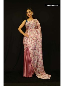 Isadora Life - Womens Floral Printed Pink Pre-Draped Saree With Unstitched Blouse