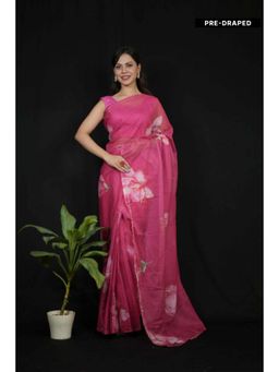 Isadora Life - Womens Floral Printed Pink Pre-Draped Saree With Unstitched Blouse