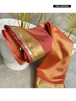 Isadora Life - Womens Woven Zari Rose Gold Pre-Draped Saree With Unstitched Blouse